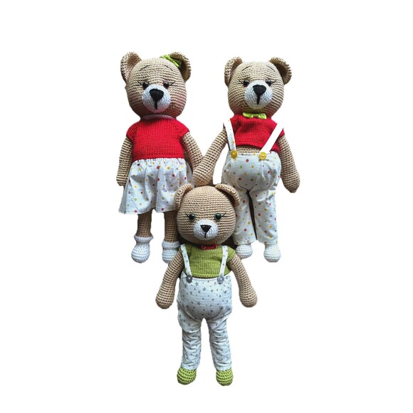 HANDMADE TEDDY BEAR CROCHET FAMILY  PLUSH SOFT TOY AMIGURUMI 3 PCS SET 15" EACH - Picture 1 of 4